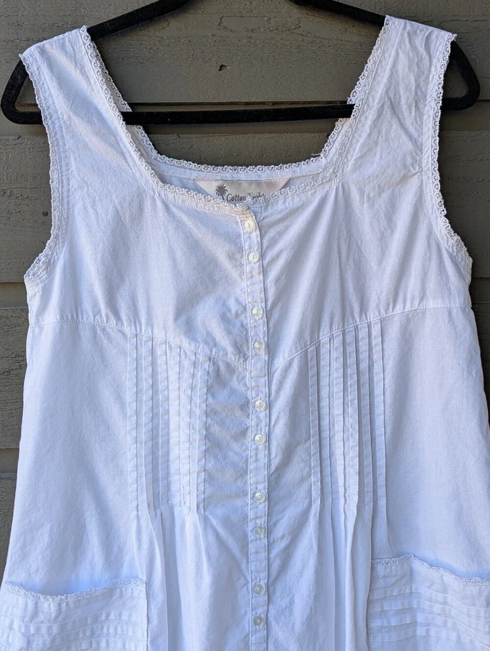 VTG 80s Cotton Knights Long Line White Button Front Nightgown Pockets Small